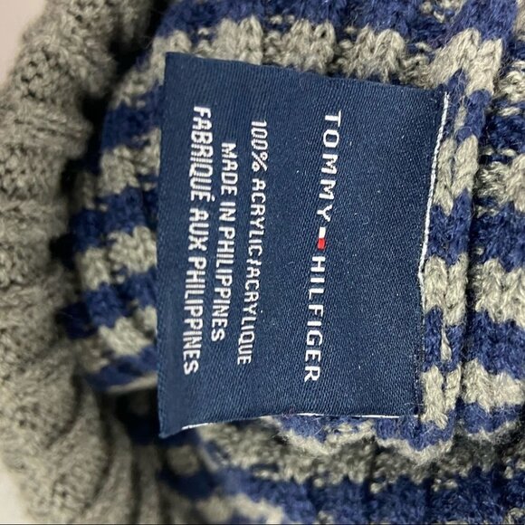 NWT Tommy Hilfiger Blue Grey‎ Striped Ribbed Knit Pom Pom Hat Toque Beanie NEW - Picture 4 of 7